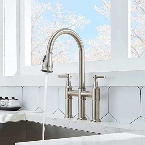 SHACO Brushed Nickel 3 Hole Deck Mount Kitchen Faucet with Pull Down Sprayer, 360 Swivel, Solid Large Faucet for Kitchen Sink