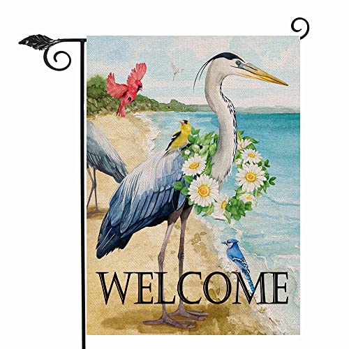 Hzppyz Welcome Spring Seabird Cardinal Blue Jay Heron Goldfinch Daisy Garden Flag, Bird Beach Ocean Coastal Decorative House Yard Outdoor Small Decor, Summer Nautical Home Outside Decorations 12 x 18