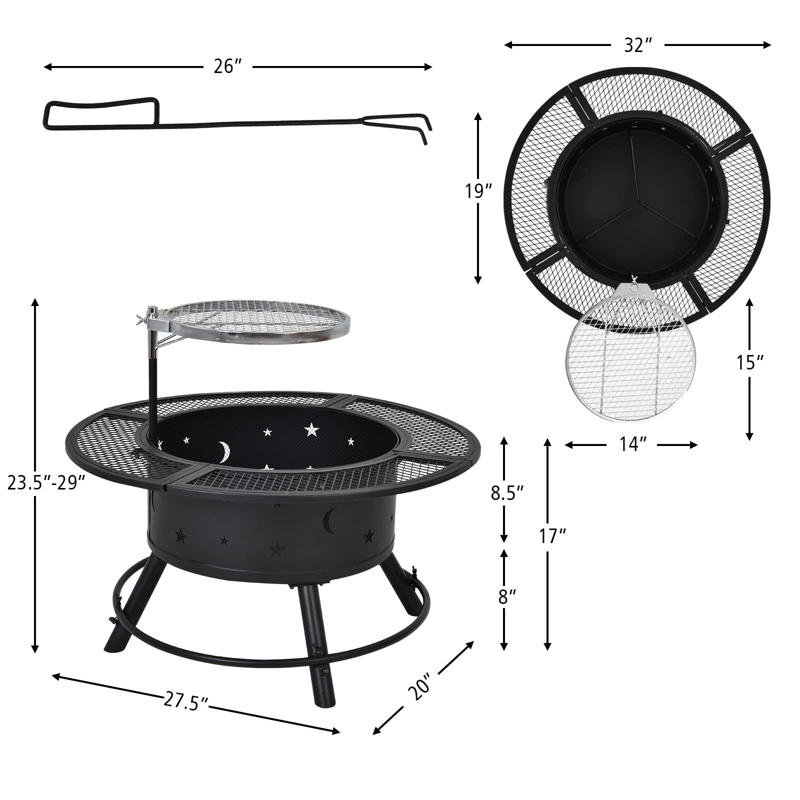 Giantex 2-in-1 Fire Pit with Cooking Grate, 32 Inch Charcoal & Wood Burning Firepit with Swivel Adjustable BBQ Grill & 6.5'' Round Edge Widened Grate, Outdoor Firepit Grill Combo