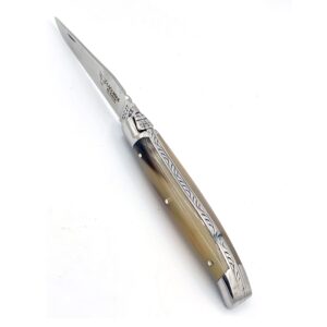 laguiole en aubrac handmade plated folding pocket knife, 3.5-in (9cm). solid horne handle, stainless steel shiny bolsters