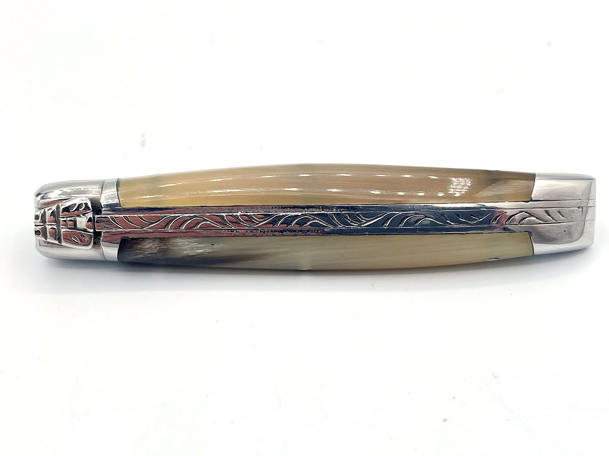 Laguiole en Aubrac Handmade Plated Folding Pocket Knife, 3.5-in (9cm). Solid Horne Handle, Stainless Steel Shiny Bolsters