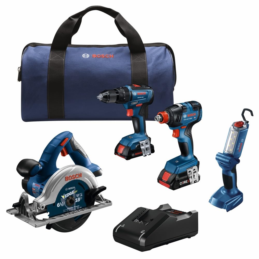 BOSCH GXL18V-497B23 18V 4-Tool Combo Kit with 2-In-1 1/4 In. and 1/2 In. Bit/Socket Impact Driver, 1/2 In. Hammer Drill/Driver, Circular Saw, Worklight with (1) CORE18V 4 Ah Battery & (1) 2 Ah Battery