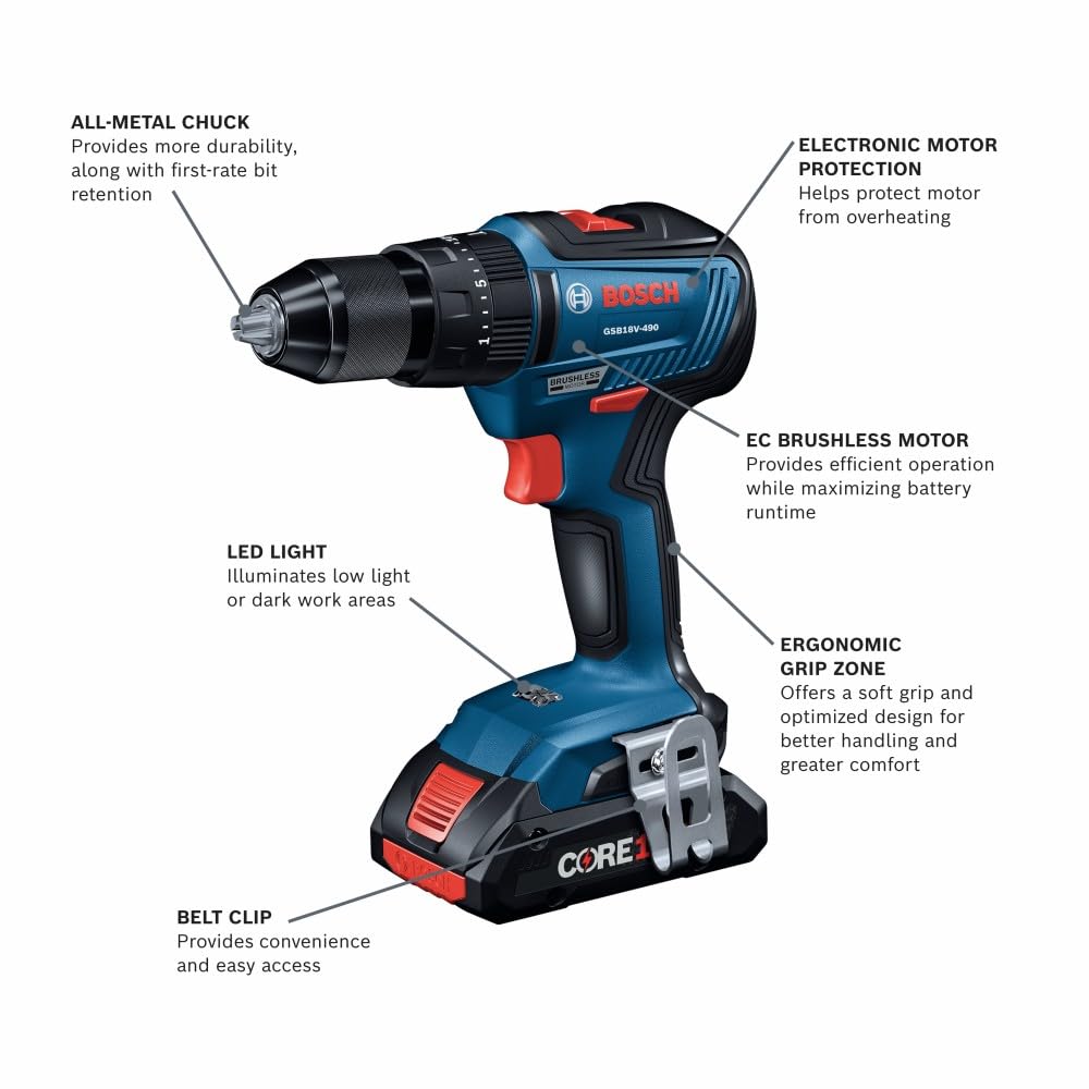 BOSCH GXL18V-497B23 18V 4-Tool Combo Kit with 2-In-1 1/4 In. and 1/2 In. Bit/Socket Impact Driver, 1/2 In. Hammer Drill/Driver, Circular Saw, Worklight with (1) CORE18V 4 Ah Battery & (1) 2 Ah Battery