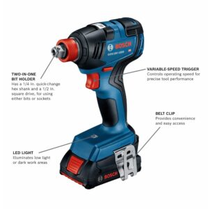 BOSCH GXL18V-497B23 18V 4-Tool Combo Kit with 2-In-1 1/4 In. and 1/2 In. Bit/Socket Impact Driver, 1/2 In. Hammer Drill/Driver, Circular Saw, Worklight with (1) CORE18V 4 Ah Battery & (1) 2 Ah Battery