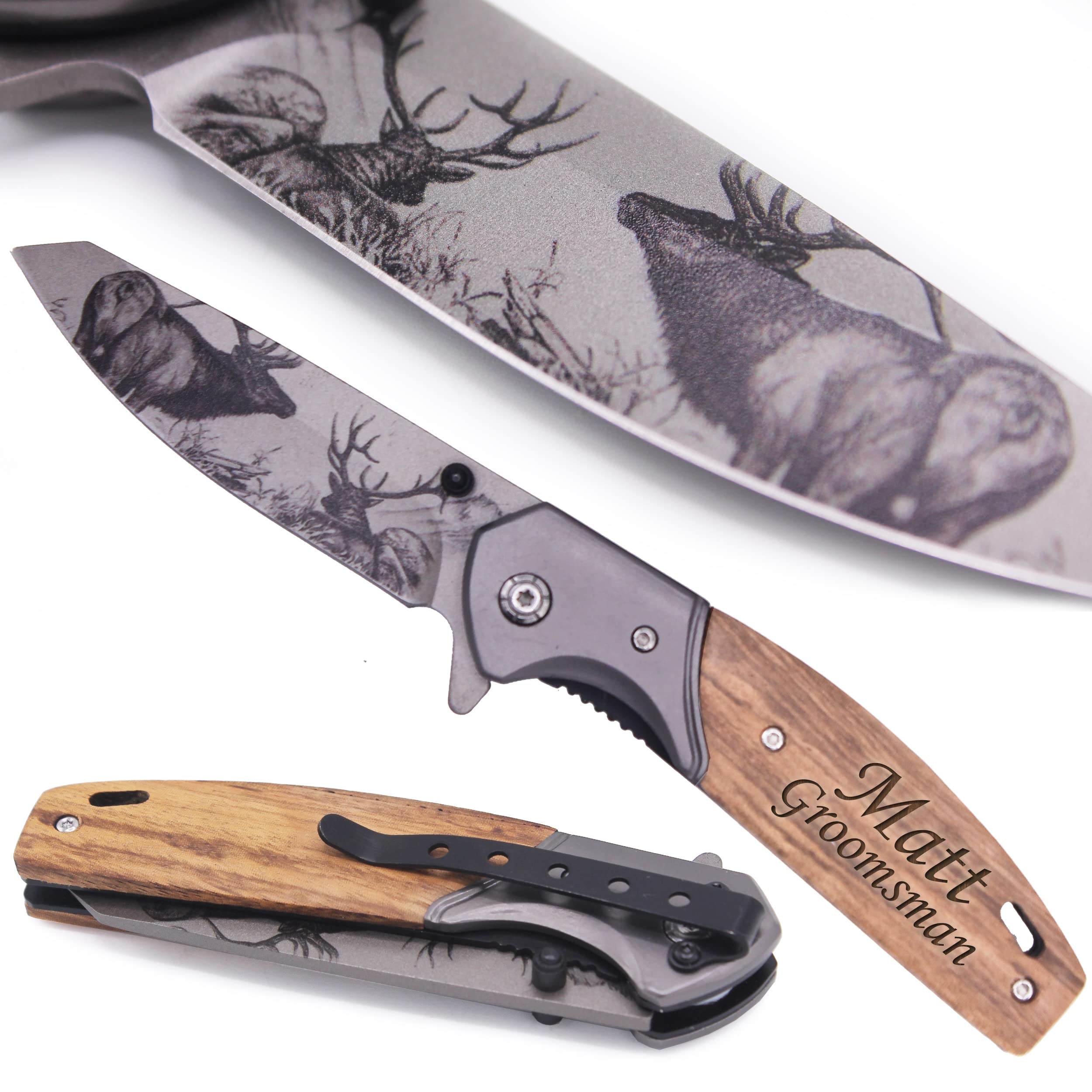 Custom Engraved Folding Pocket Knife with Elk Blade - Personalized Hunting Fishing Gift for Dad, Men, Him, Husband - Customized with Name (Elk - Custom Personalized)