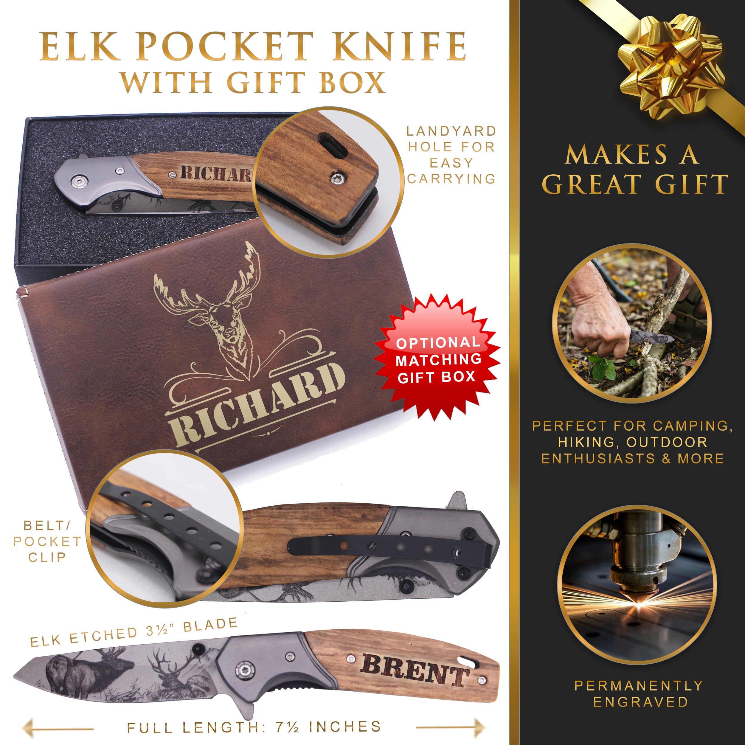 Custom Engraved Folding Pocket Knife with Elk Blade - Personalized Hunting Fishing Gift for Dad, Men, Him, Husband - Customized with Name (Elk - Custom Personalized)