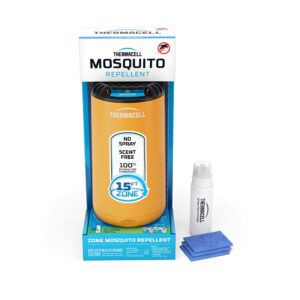 thermacell mosquito repeller patio shield; includes 12-hour refill; highly effective mosquito repellent for patio; bug spray alternative; scent free; no candles or flames