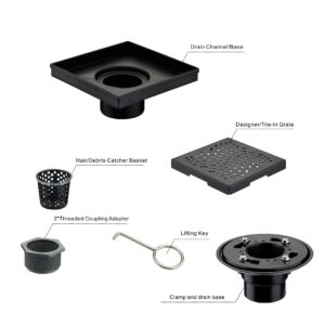 Matte Black Shower Drain with Flange, HIDROP SUS 304 Stainless Steel 4 inch Square Shower Floor Drain with Removable Hair Strainer