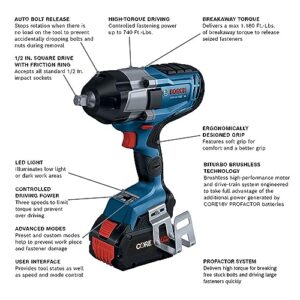 BOSCH GDS18V-740CB14 PROFACTOR™ 18V Connected 1/2 In. Impact Wrench Kit with Friction Ring and (1) CORE18V 8 Ah High Power Battery