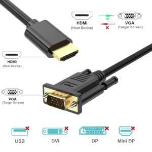 HDMI to VGA Cable Adapter, Gold-Plated, 6 Feet Male to MaleCord for Computer, Desktop, Laptop, PC, Monitor, Projector, HDTV, and More (NOT Bidirectional) -1.83M