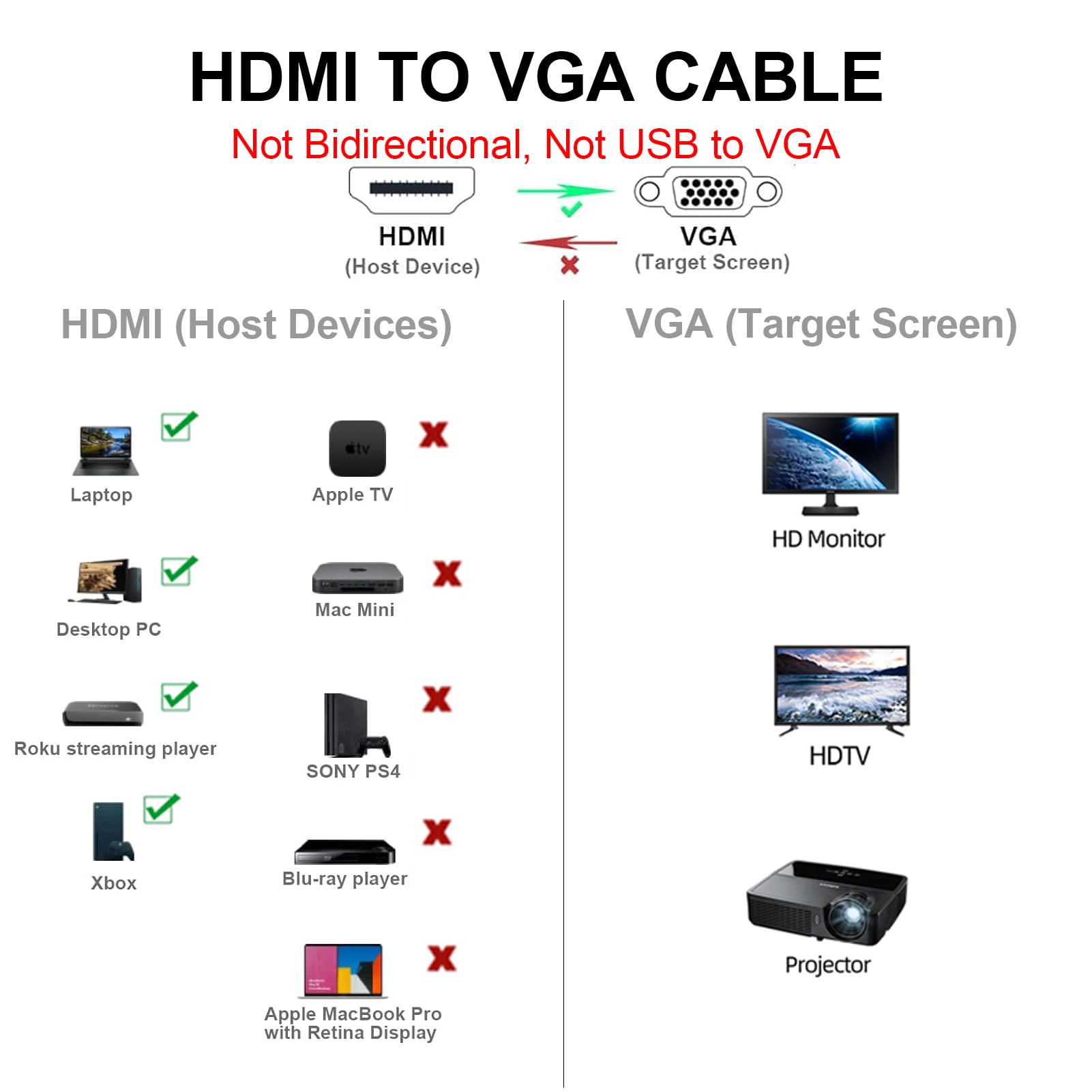 HDMI to VGA Cable Adapter, Gold-Plated, 6 Feet Male to MaleCord for Computer, Desktop, Laptop, PC, Monitor, Projector, HDTV, and More (NOT Bidirectional) -1.83M