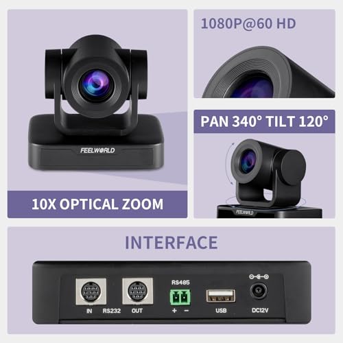 FEELWORLD USB10X Video Conference Webcam USB PTZ Camera 10X Optical Zoom Full HD 1080p for Live Streaming Church Business Education Medical Conference Room Camera System