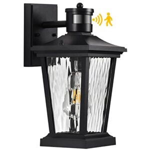 Karuoshirui Motion Sensor Outdoor Wall Lantern，Porch Lights Dusk to Dawn Sensor Exterior Light Fixtures Wall Mount，Aluminum Shell Black Outdoor Wall lamp Water Ripple Tempered Glass Outdoor Light