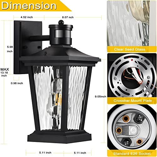 Karuoshirui Motion Sensor Outdoor Wall Lantern，Porch Lights Dusk to Dawn Sensor Exterior Light Fixtures Wall Mount，Aluminum Shell Black Outdoor Wall lamp Water Ripple Tempered Glass Outdoor Light