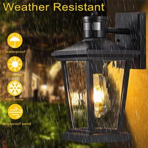 Karuoshirui Motion Sensor Outdoor Wall Lantern，Porch Lights Dusk to Dawn Sensor Exterior Light Fixtures Wall Mount，Aluminum Shell Black Outdoor Wall lamp Water Ripple Tempered Glass Outdoor Light