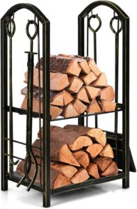 tangkula firewood rack with 4 fireplace tools, firewood rack bin log holder with fire place accessories tools set includes brush, shovel, poker, and tongs(17.5 x 12 x 29 inches) (bronze)