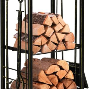 Tangkula Firewood Rack with 4 Fireplace Tools, Firewood Rack Bin Log Holder with Fire place Accessories Tools Set Includes Brush, Shovel, Poker, and Tongs(17.5 x 12 x 29 inches) (Bronze)