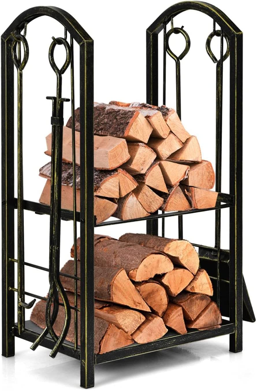 Tangkula Firewood Rack with 4 Fireplace Tools, Firewood Rack Bin Log Holder with Fire place Accessories Tools Set Includes Brush, Shovel, Poker, and Tongs(17.5 x 12 x 29 inches) (Bronze)