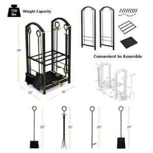 Tangkula Firewood Rack with 4 Fireplace Tools, Firewood Rack Bin Log Holder with Fire place Accessories Tools Set Includes Brush, Shovel, Poker, and Tongs(17.5 x 12 x 29 inches) (Bronze)