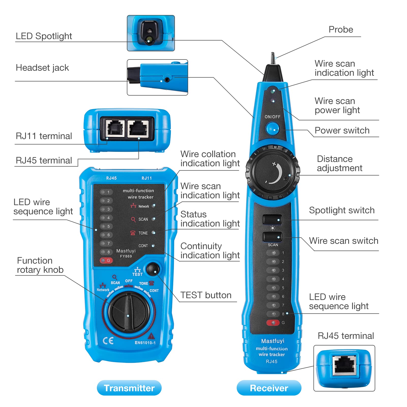 Mastfuyi Network Cable Tester, Cable Tracer with Probe Tone, RJ11 RJ45 Line Finder, Wire Tracker Multifunction, Ethernet LAN Network Cat5 Cat6 Cable Maintenance Collation, Telephone Line Test