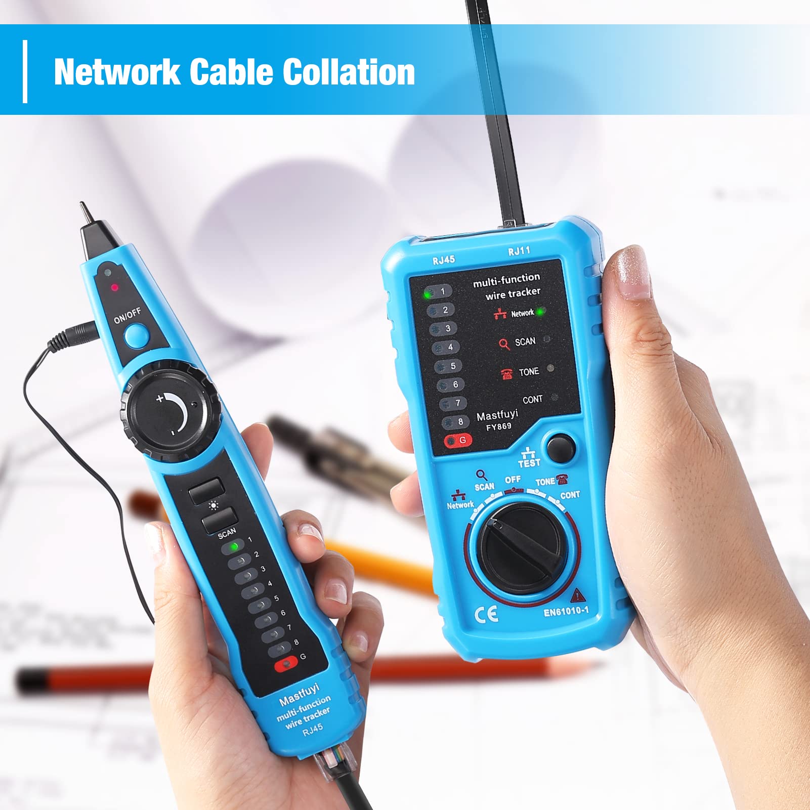 Mastfuyi Network Cable Tester, Cable Tracer with Probe Tone, RJ11 RJ45 Line Finder, Wire Tracker Multifunction, Ethernet LAN Network Cat5 Cat6 Cable Maintenance Collation, Telephone Line Test