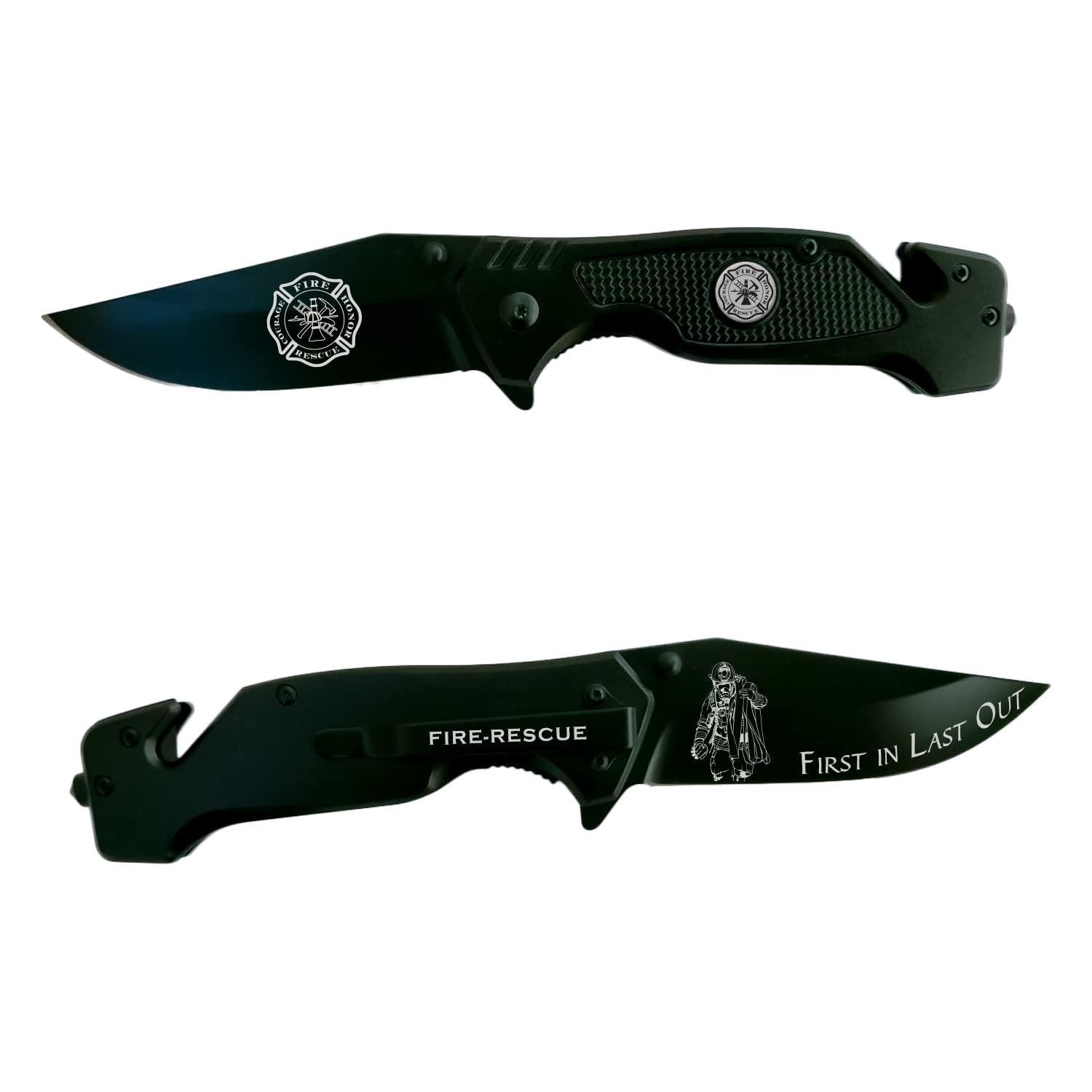 Firefighter Black Stealth Elite Folding Tactical Knife - Fireman Rescue Knife - First Responder Gift - Service Disabled Veteran Owned Small Business