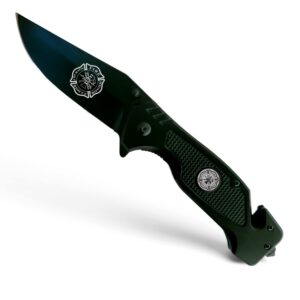 Firefighter Black Stealth Elite Folding Tactical Knife - Fireman Rescue Knife - First Responder Gift - Service Disabled Veteran Owned Small Business