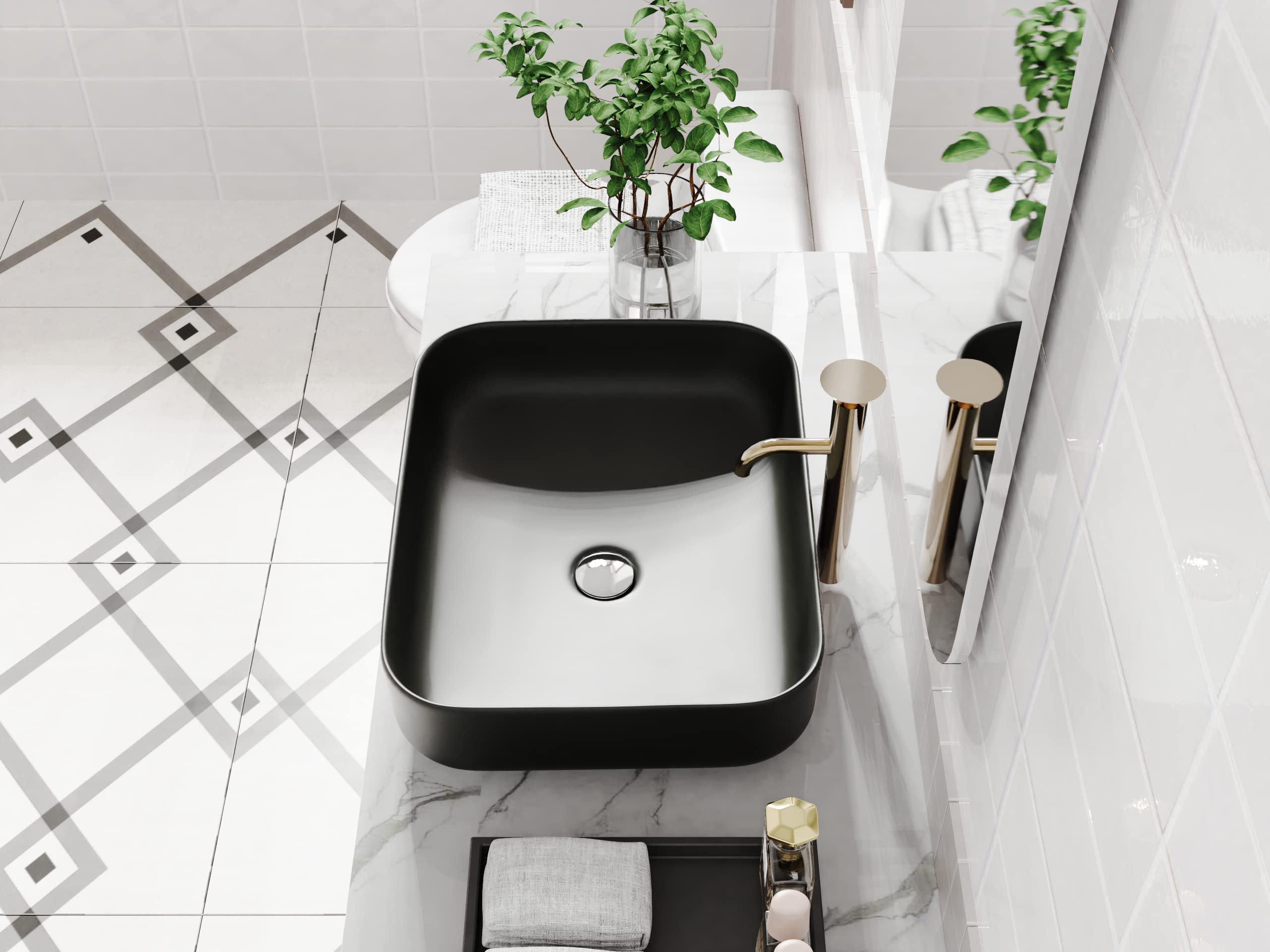 ELLAI Bathroom Vessel Sink Rectangle Bathroom Sink Bowl Above Counter Porcelain Ceramic Top Mount Rectanglar Sink Countertop Vanity Art Basin for Bathroom 19.7"x15.2"x5.4” Matte Black