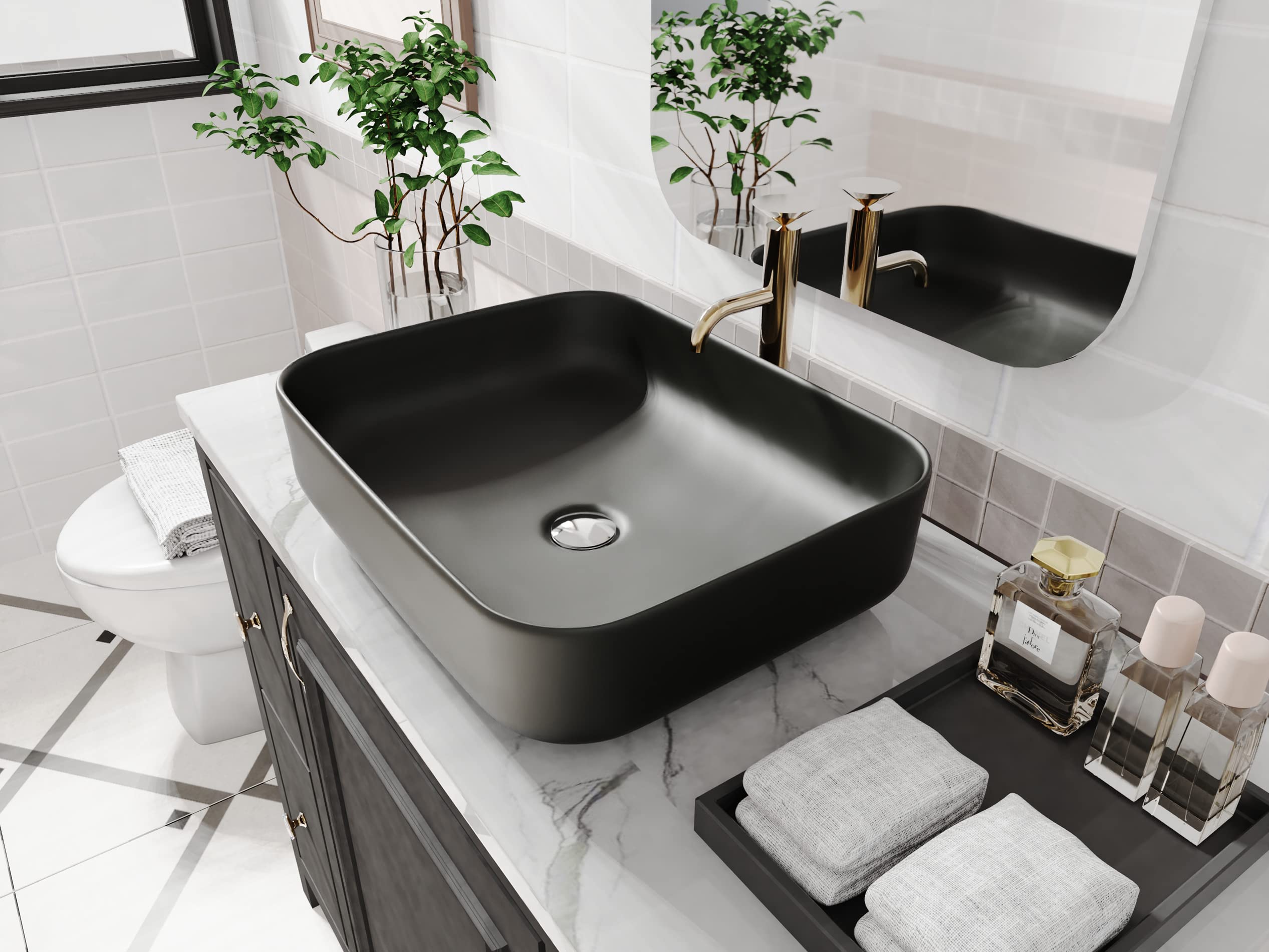 ELLAI Bathroom Vessel Sink Rectangle Bathroom Sink Bowl Above Counter Porcelain Ceramic Top Mount Rectanglar Sink Countertop Vanity Art Basin for Bathroom 19.7"x15.2"x5.4” Matte Black