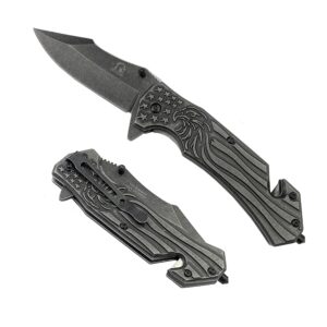 falcon 8" u.s american flag eagle engraved assisted open tactical stainless steel folding clip point knife with seatbelt cutter and glass breaker