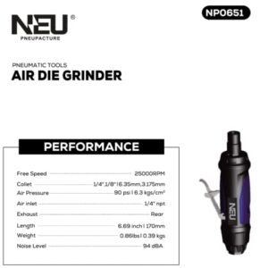 Air Die Grinder,NEU PNEUPACTURE Die Grinder Set, Air Straight Grinder Kit,with 1/4 and 1/8 inch Collets,Apply to Grinding, Polishing