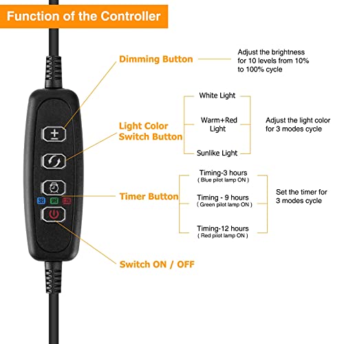 JINHONGTO Plant Light for Indoor Plants, 3000k/5000k/660nm Full Spectrum Clip On Grow Light, 3 Light Modes & 10 Dimming Levels with Timer Function, Plant Growing Lamp