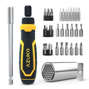 azuno 24 in 1 ratchet screwdriver set with universal socket, 20 crv bits stored in handle, 12+8 slotted/philips/torx/hex/square sand blasted bits and chrome plated precision bits.