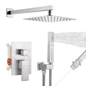 vanfoxle 10 inches bathroom luxury rain mixer shower combo set wall mounted rainfall shower head system brushed nickel finish shower faucet rough-in