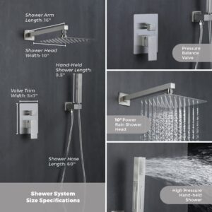 VANFOXLE 10 Inches Bathroom Luxury Rain Mixer Shower Combo Set Wall Mounted Rainfall Shower Head System Brushed Nickel Finish Shower Faucet Rough-In