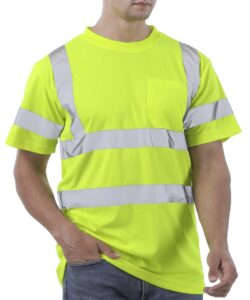 hi vis t shirt class 3 high visibility shirts for men safety shirts with reflective strips and pocket breathable construction work mesh short sleeve yellow xl