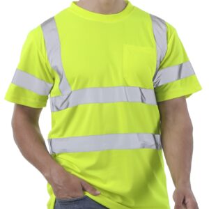 Hi Vis T Shirt Class 3 High Visibility Shirts for Men Safety Shirts with Reflective Strips and Pocket Breathable Construction Work Mesh Short Sleeve Yellow XL