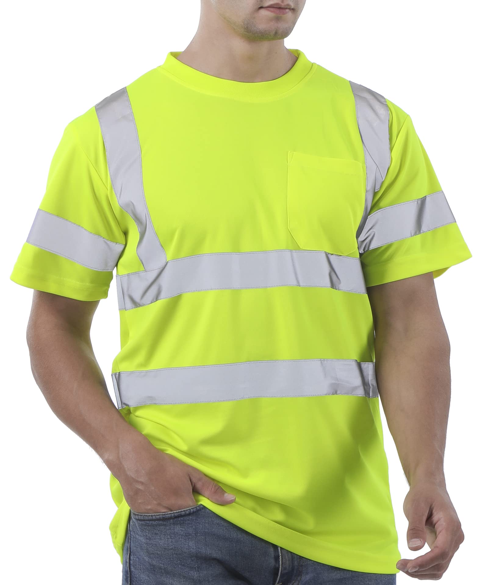 Hi Vis T Shirt Class 3 High Visibility Shirts for Men Safety Shirts with Reflective Strips and Pocket Breathable Construction Work Mesh Short Sleeve Yellow XL