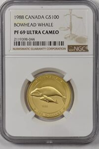 1988 ca canada 1988 100 dollars gold bowhead whale animal ngc proof 69 ultra cameo 0.25oz gold ng1220 de fair ngc