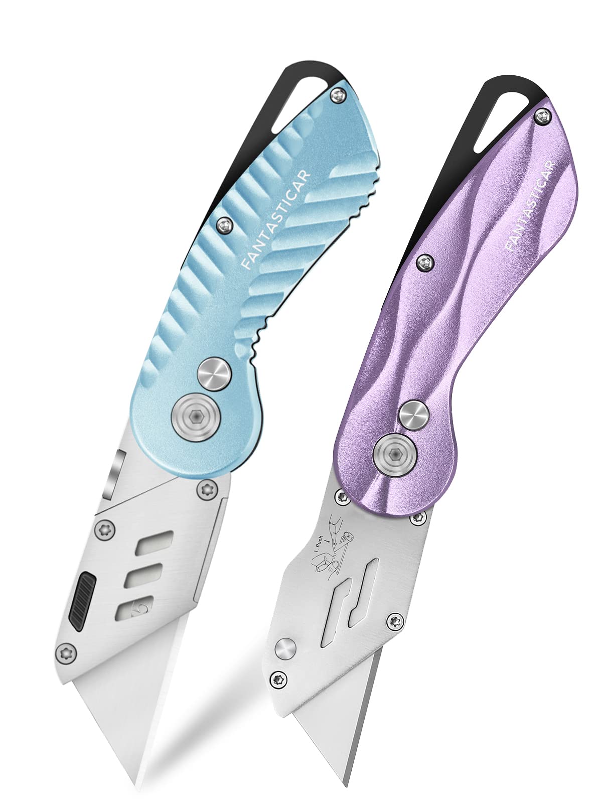 FantastiCAR Fancy Folding Utility Knife Box Cutter Set with Extra Blades (Blue and Purple), Metal Handle