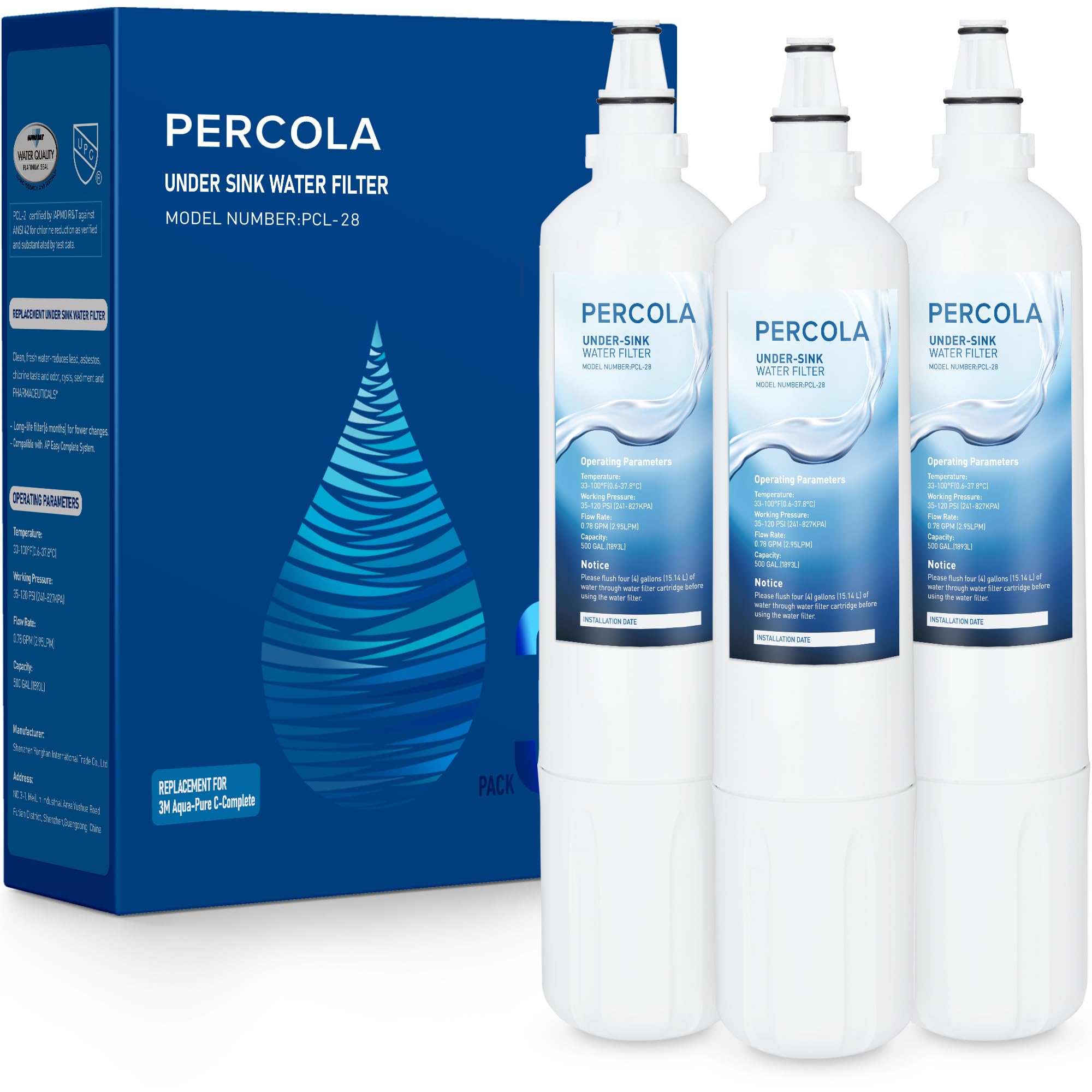 PERCOLA AP Easy C-Complete/Model A/C Under Sink Water Filter, Compatible with 3M Aqua-Pure AP Easy Complete System/USF-A/C Under Sink Filtration System 500 Gallons top(3 Pack)