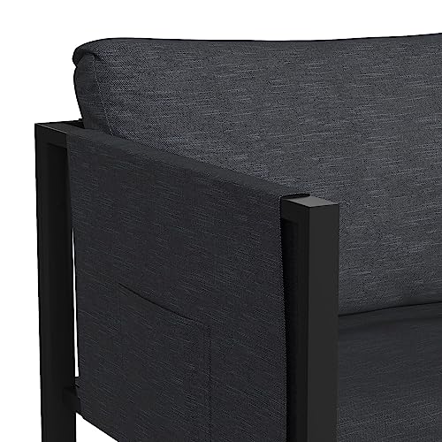Flash Furniture Lea Indoor/Outdoor Patio Chair with Cushions - Modern Steel Framed Chair with Storage Pockets, Black with Charcoal Cushions