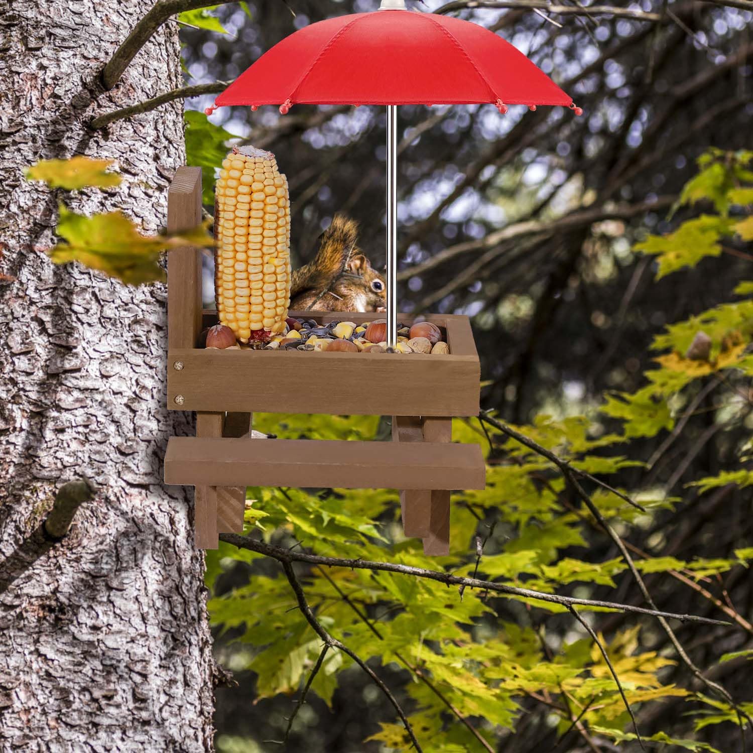 MIXXIDEA Wooden Squirrel Picnic Table Feeder, Durable Squirrel Feeders for Outside with Solid Structure Chipmunk Feeder with Corn Cob Holder and 2 X Thick Benches - Brown