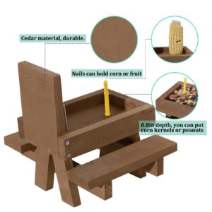 MIXXIDEA Wooden Squirrel Picnic Table Feeder, Durable Squirrel Feeders for Outside with Solid Structure Chipmunk Feeder with Corn Cob Holder and 2 X Thick Benches - Brown