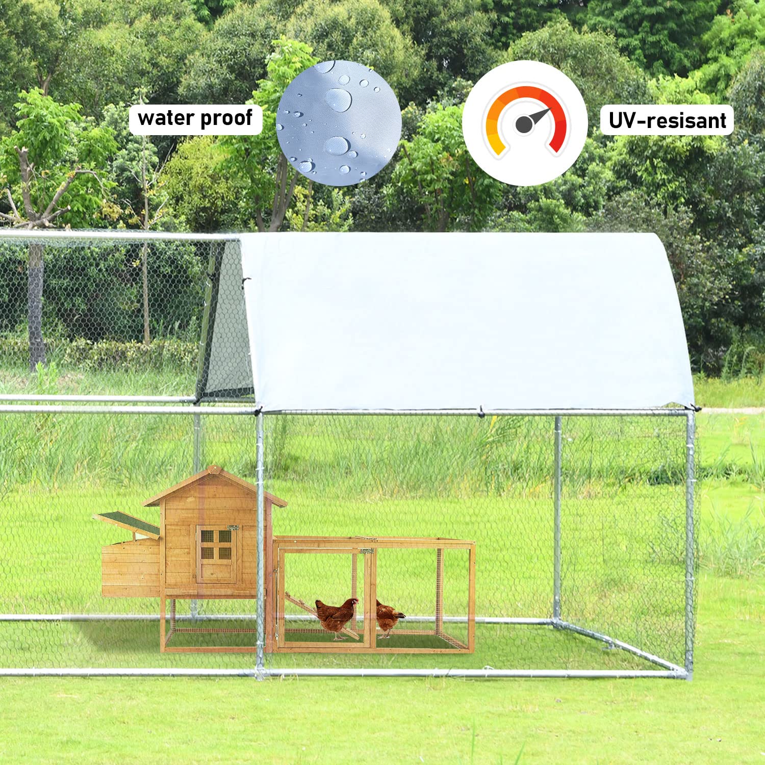 1.26’’ Large Metal Chicken Coop Run Walk in, Chicken Run Pen for Chickens, Outdoor Chicken Runs Coops Dog Kennel, Flat Roofed Chicken Runs for Yard with Anti-Ultraviolet Cover (9.2’L x6.2’W x6.4’H)