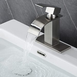 Waterfall Bathroom Faucet - Brushed Nickel Bathroom Sink Faucet, Single Handle Washbasin Faucet, 1 or 3 Hole Deck Mount Mixer Faucet, Stainless Steel Lavatory Tap