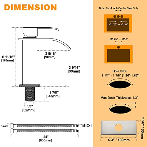 Waterfall Bathroom Faucet - Brushed Nickel Bathroom Sink Faucet, Single Handle Washbasin Faucet, 1 or 3 Hole Deck Mount Mixer Faucet, Stainless Steel Lavatory Tap