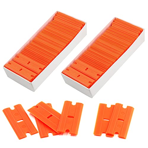 Zorveiio 200 Pcs Plastic Razor Blades Plastic Scraper Blades Double Edge Razor Blade for Removing Labels Stickers Gasket Decals on Glass Car Window - Orange