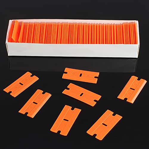 Zorveiio 200 Pcs Plastic Razor Blades Plastic Scraper Blades Double Edge Razor Blade for Removing Labels Stickers Gasket Decals on Glass Car Window - Orange