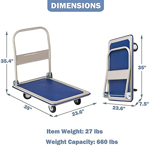 Folding Platform Cart Heavy Duty Hand Truck Moving Push Flatbed Dolly Cart for Warehouse Home Office, 660 lbs Weight Capacity